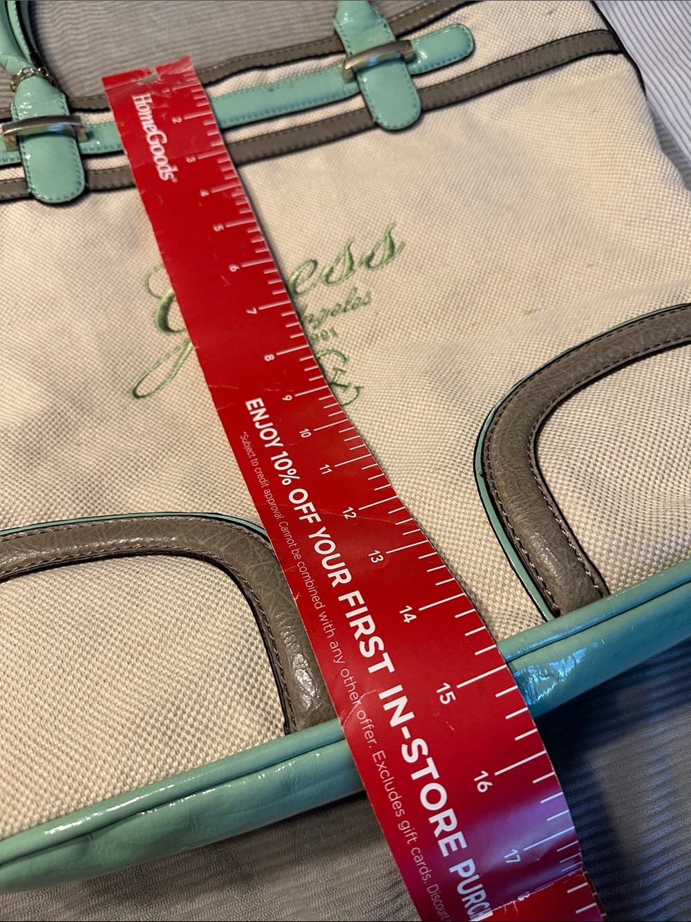 Guess Canvas Tote in Cream with Mint Trim - Picture 4 of 14